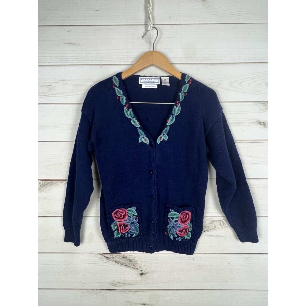 Vintage Portraits Northern Isles Sweater Womens Small Blue Cardigan Floral